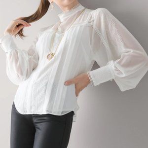 EUC WHBM Mock Neck Lace Trim Blouse